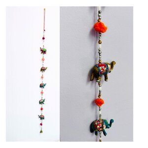 Indian Painted Boho Elephant String with Bell Charm, Colorful Home Decor Accent